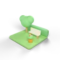 A clay garden: a tree, a bench and a flower bed