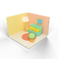 A clay living room: a sofa, a lamp and a low table